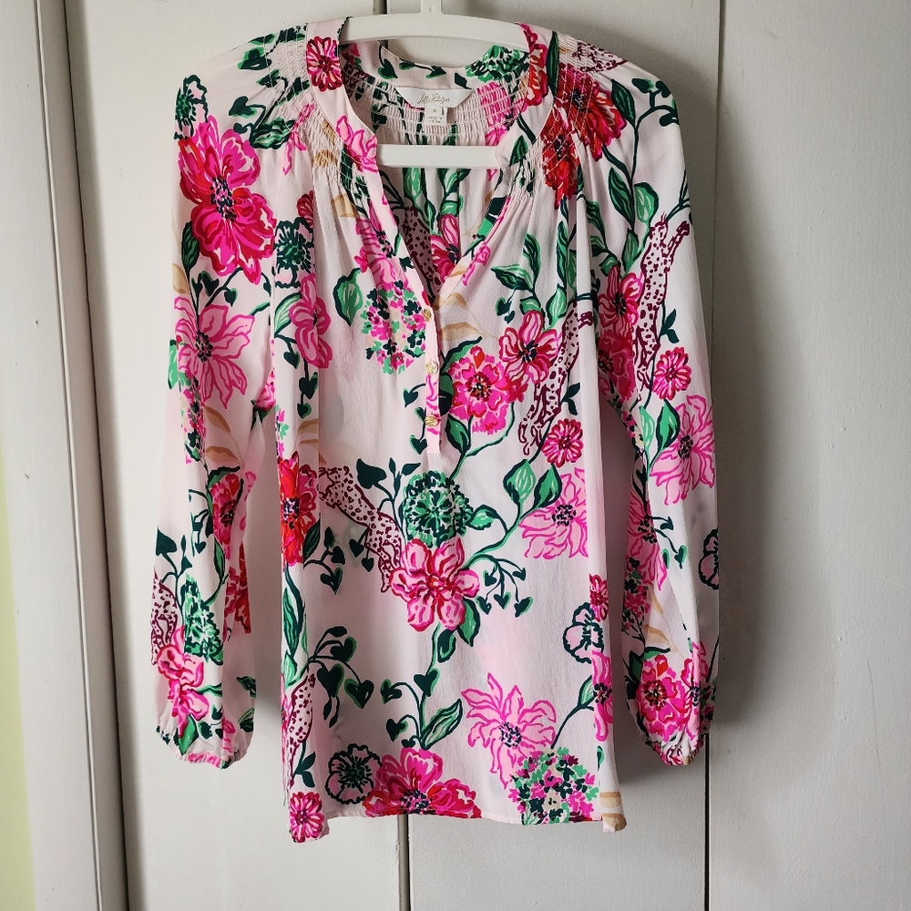 Lilly Pulitzer Elsa Pink Floral Long Sleeve Blouse